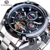 ForSining Brand Black Male Mechanical Watches Automatisk multifunktion Tourbillon Moon Fas Datum Racing Sport Steel Band Relogio224s