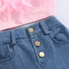 Set di abbigliamento Abbigliamento estivo per ragazze Completi di abbigliamento Moda Bambino Bambini Rosa senza maniche Piuma Canotta + Pantaloni in denim con tasche 230830