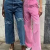Designer damskie dżinsy przybysze przy wydrążonej ulicy strej haftowana plaster haftowana dekoracja swobodne niebieskie proste spodnie dżinsowe marka ciepła loe dżins
