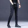 Elegante preto de luxo masculino coreano streetwear punk moda confortável estiramento jeans fino ajuste perna reta casual calças jeans hkd230829