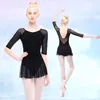 Stage Wear Femmes Ballet Justaucorps Robe De Danse Doux Mesh Splice Trois Quarts Manches Coton Ballerine Costume Gymnastique Justaucorps