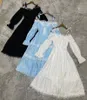 Casual Dresses 2023 Autumn Long Dress High Quality Women Allover Hollow Out Embroidery Sleeve Party Blue White Black Maxi