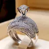 2 pièces bague de fiançailles 18K bague plaquée or blanc glacé brillant CZ diamant bague ensemble anneaux de mariage bijoux de mariage pour les amoureux