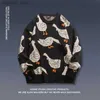 남자 귀여운 만화 동물 오리 구스 프린트 블루 블랙 니트 스웨터 겨울하라 주쿠 캐주얼 대형 커플 풀 오버 스웨터 Q230830