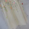 2023 Autumn Beige Floral Embroidery Beaded Tulle Dress Sheer Lantern Sleeve Round Neck Sequins Long Maxi Casual Dresses B3G252132