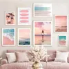 Rosa praia oceano pintura em tela surf coqueiro poster hd impressão nordic arte da parede imagem sala de estar quarto decoração casa sem moldura wo6