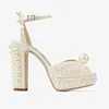 Sandals 2023 Handmade Beaded Thick Heel Fish Mouth 35-41 High Waterproof Platform Women's Shoes Wedding Dress Luxury Pearl