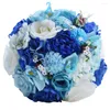 Flores decorativas feitas à mão 24cm azul branco flor mista rosa fitas buquê de flores artificiais decoração de casamento segurando adereços de pografia