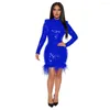 Casual Dresses Cutubly Sparkly Sequin Feather Party Vestidos Chic Y2k Outfit O-neck Turtleneck Dress For Womens Long Sleeve Ins