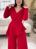 Pant à deux pièces pour femmes Sexy à manches longues pantalons larges de jambe largement Red Party Diamonds Pullover Ruffles Tops Lady Elegant Luxurious Pantals Set 230831