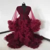 Immagine reale Abito da notte da donna Pigiama Accappatoio rosso scuro Sposa Indumenti da notte Increspature Morbide vesti di tulle Abito incinta su misura187p