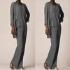 Grey Chiffon Formal Pant Suits For Mother Groom Dresses Evening Wear Long Mother of the Bride Dresses With Jackets Plus Size Custo305a