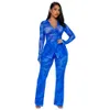 Designer Mesh Outfits Women Two 2 Piece Set Fall Tracksuits Lång ärmskjorta och byxor Casual Sportswear Sexig Se genom bulk grossistkläder 10089