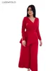 Pant à deux pièces pour femmes Sexy à manches longues pantalons larges de jambe largement Red Party Diamonds Pullover Ruffles Tops Lady Elegant Luxurious Pantals Set 230831