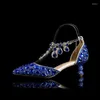 Sandaler 5 cm Rhinestone Shoes Buckle Round Heel Blue Pointed Crystal Wedding Social Dance Prom Latin Storlek 35-43
