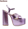 Sandali Surkova Metallico Viola Pelle opaca Tacco grosso grosso Punta aperta Piattaforma alta Tacco largo Scarpe eleganti Modello semplice Décolleté