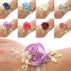 Decorative Flowers Girls Bridesmaid Wrist Wedding Prom Party Boutonniere Satin Rose Bracelet Fabric Hand Flower Decoration