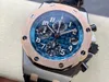 APF 42mm 2647 A3126 Cronógrafo Automático Relógio Masculino Rosa Ouro Escovado Moldura Azul Texturizado Mostrador Pulseira de Couro