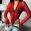 Dames jumpsuits rompertjes mesh bodysuit mode rits transparant mager nachtclub lange mouw schede sexy dames jumpsuit vrouwelijk 230830