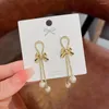 Dangle Earrings Tennis Chain Bowknot Luxury Crystal White Long Simulated Pearl Pendant Earing Christmas Gifts Orecchini Cristalli Luxe