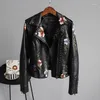 Mulheres de couro feminino floral impressão bordado falso macio jaqueta casaco turn-down colarinho feminino casual plutônio motocicleta preto punk outerwear