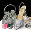 Chan High Heels för Lady Luxury Designer Green Color Full Diamond Pointed Toe Wedding Shoe and Bag Set for Party 230807