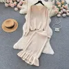 Casual Dresses Women Vintage Knit Two Pieces Skirt Sets Long Sleeve O Neck Loose Sweater And High Waist Hip Wrap Trumpet