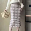 Jupes haute taille élastique femmes Plaid tricoté crayon 2023 automne élégant dames mode moulante Femme