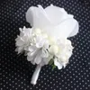 장식용 꽃 1 조각 흰색 장미 꽃 맨 코사이지 신랑 신랑 웨딩 파티 슈트 남자 Boutonniere 무도회 핀 브로치 라펠