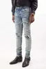 Men's Summer Light Blue Leather Patch Broken Jeans Men