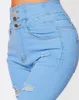 女子ジーンズジーンズのトレンド秋のファッションハイウエストボタンカットアウトリッピングカジュアルなスキニープレーンポケットデザイン毎日ロングジーンズ230831
