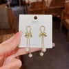Dangle Earrings Tennis Chain Bowknot Luxury Crystal White Long Simulated Pearl Pendant Earing Christmas Gifts Orecchini Cristalli Luxe