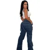 Jeans firmati da donna Pantaloni cargo in denim blu a vita alta Tasche vintage Pantaloni effetto consumato Streetwear Abiti all'ingrosso all'ingrosso 10088