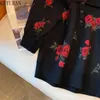 Damenpullover Vintage Black Rose Jacquard Puff Kurzarmpullover Frauen Gestricktes T-Shirt Sommer 2023 Neue Kragen Strickwaren Crop Tops Tees HKD230831
