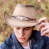 Breda Brim Hatts Bucket Classical Unisex Leather Cowboy Hat Men Western för pappa Gentleman Lady Sombrero Hombre Jazz Caps Bra paket 230830