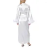 レディーススリープウェア秋の春の羽の装飾長袖のローブナイトウェア女性ホワイトvネックベルトカルディガン軽量パジャマ服