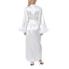 Women's Sleepwear Autumn Spring Feather Decor Long Sleeve Robes Nightwear Women White V Neck Belted Cardigan Lightweight Pajama Clothes