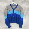 Randig färgmatchning V Neck Womens Sweaters Cardigan Short Coat for Women Autumn Gentle Retro Lazy Wind Soft