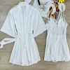 Women's Sleepwear Women Kimono Bathrobe Gown Loose Sexy Lace Home Dress White Embroidery Flower Wedding Robe Summer Silk Satin Nightgown