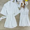 Vêtements de nuit pour femmes Femmes Kimono Peignoir Robe Lâche Sexy Dentelle Accueil Robe Blanc Broderie Fleur Robe De Mariée Été Soie Satin Chemise De Nuit