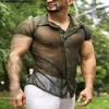 Men's Casual Shirts Tops 2022 American Style Men's See-through Mesh Blouse Fashion Male Stretch Comfortable Short-sleeved3046