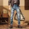 Jeans da uomo Pantaloni denim Vintage MotoBiker Stretch High Street Slim Retro Blu ginocchio pieghettato Versatile Hip Hop a tutta lunghezza Gioventù