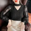 Women's Blouses Fashion Gauze Bright Silk Beading Hollow Out Female Clothing 2023 Autumn Winter Elegant Lace Tops Princess Sleeve Shirts