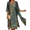 Robe de deux pièces 2pcsset ensembles de robe vintage fleur peinture à l'encre femmes caftan avec cardigan décontracté longue tunique féminine 230830