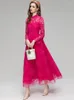 Casual Dresses QQ7226 Heavy Industry Stand Up Collar Lace Crochet Long Sleeves Rose Red Dress European American Women's Autumn