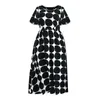 Freizeitkleider Damen Sommerkleid Rundhalsausschnitt Hohe Taille Design Polka Dot Print Kurzarm Plissee A-Linie Lang