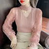 Women's Blouses Fashion Gauze Bright Silk Beading Hollow Out Female Clothing 2023 Autumn Winter Elegant Lace Tops Princess Sleeve Shirts