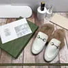 Designer Women Fur Slippers Leather Mules Loafers Bee Slides Ladies White Black Metal Buckle Chain Furry Casual Flat Shoes Slipper 35-42