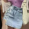 Saias Casual Verão Cintura Alta Split Wrap Hip Meia Saia Mulher Irregular Lace-up Skinny Denim Shorts A-Line