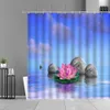 Zasłony prysznicowe Lotus zen kamienne słoneczne scenerie plażowe zasłony prysznicowe zielone liście bambusa różowy fioletowy kwiat wodoodporny zasłona łazienki R230831